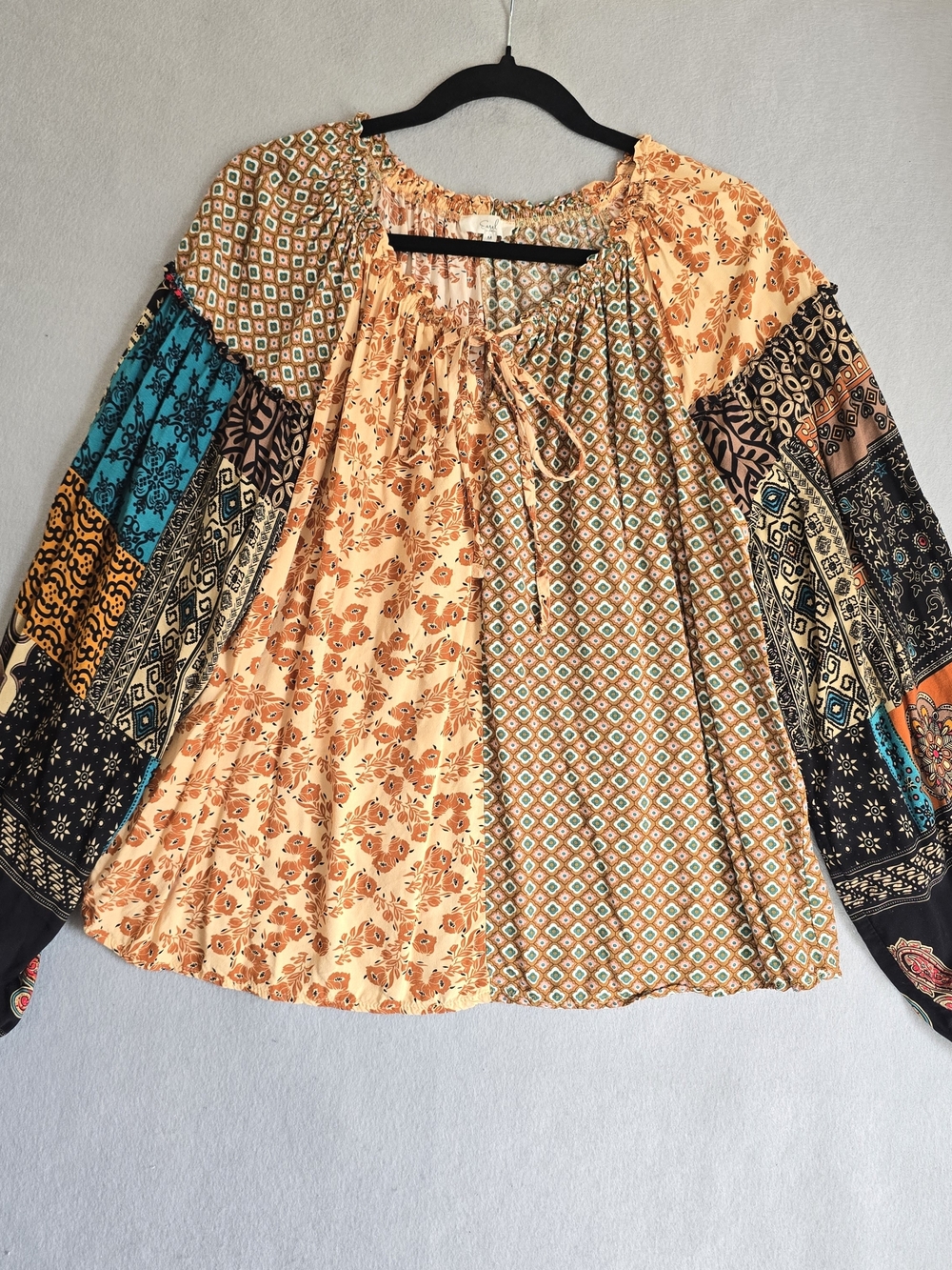 Easel Peach Multi Patchwork Boho Blouse Oversize Fun Western Bubble Sleeves Cute